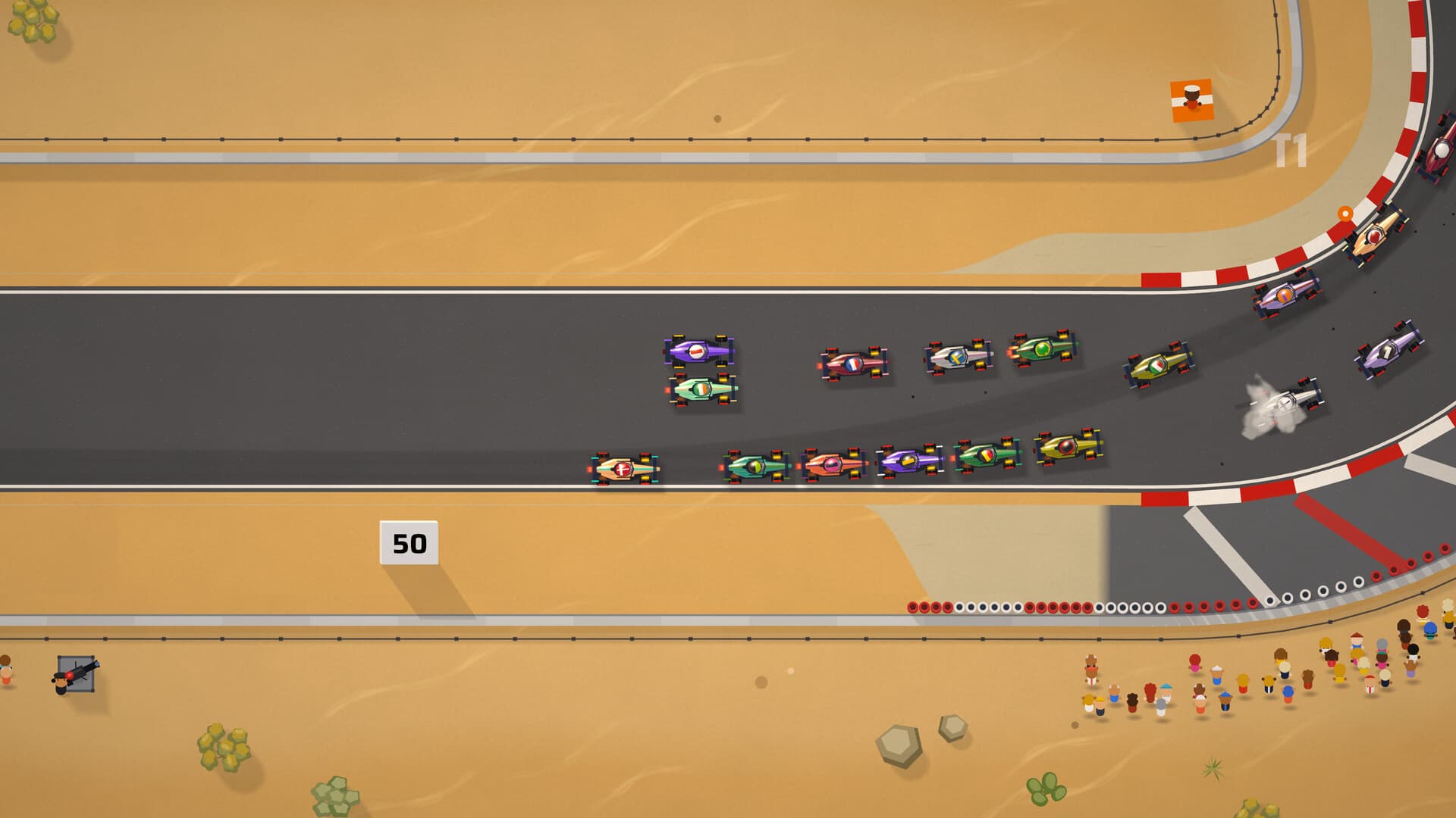 A close pack of open-wheel racing cars rounds a desert circuit corner
