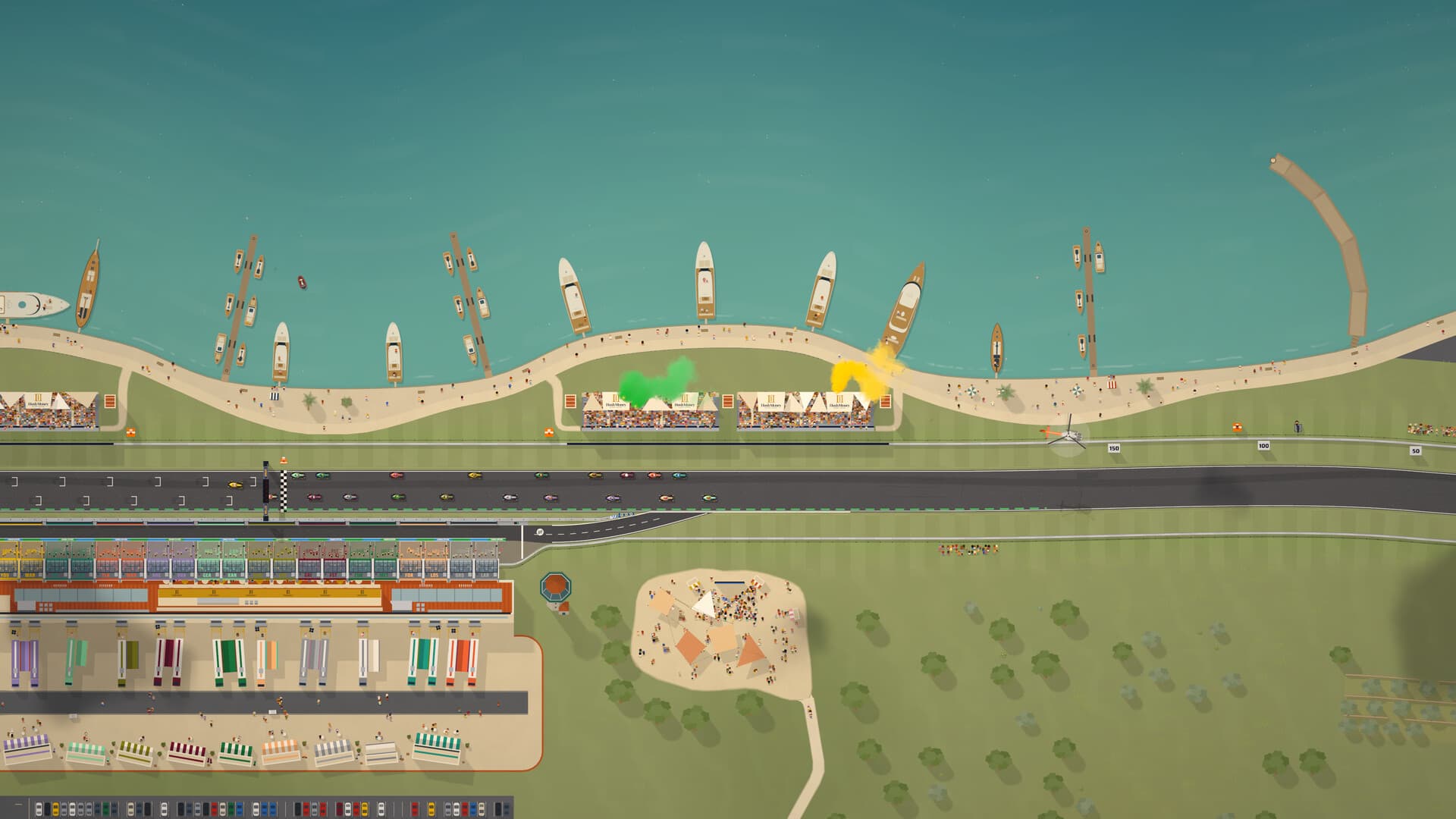 A waterfront starting grid with racing cars, grandstands and pit garages